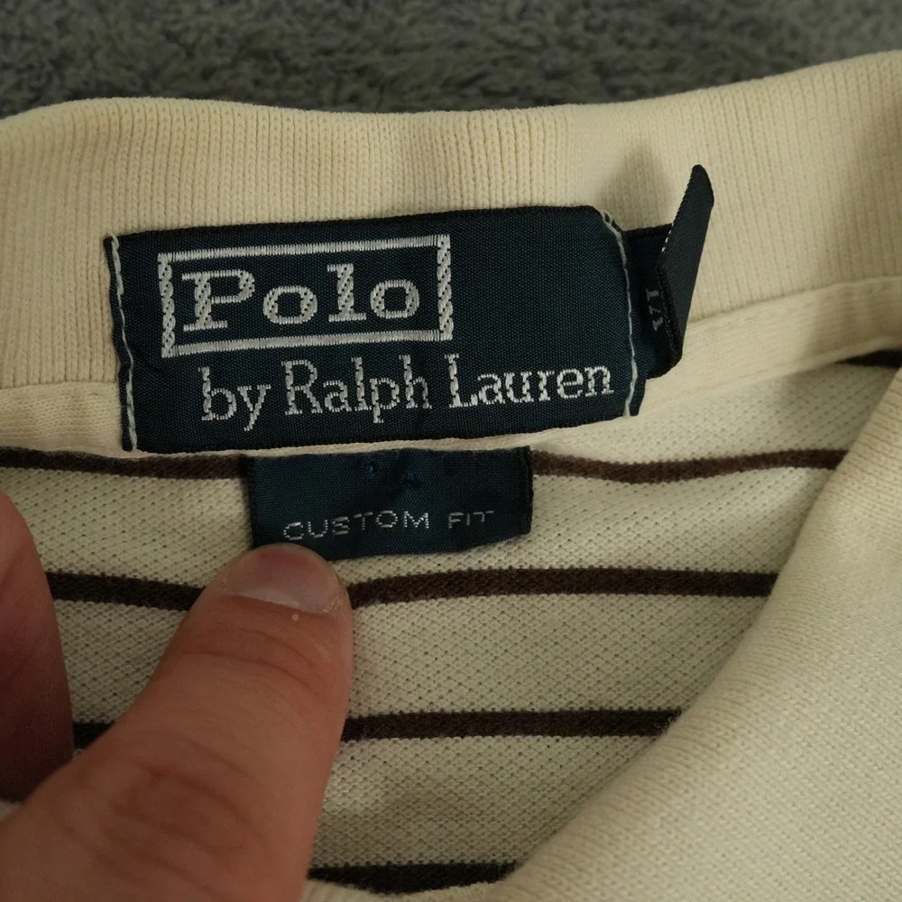 Polo Ralph Lauren Polo Shirt Mens XL Cream Brown Striped Custom Fit Short Sleeve